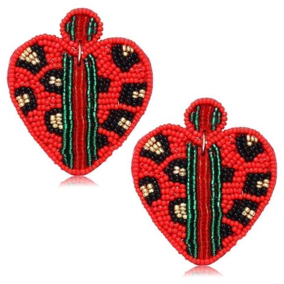 Red and Multicolor Beaded Boho Heart Leopard Print Dangling Post Back Earrings - Picture 1 of 7